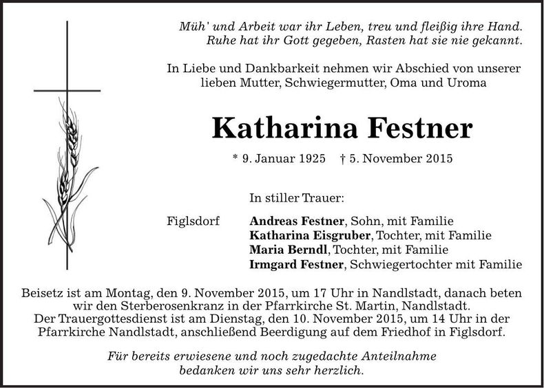 Traueranzeige Katharina Festner