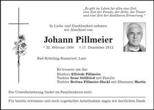 Traueranzeige Johann Pillmeier