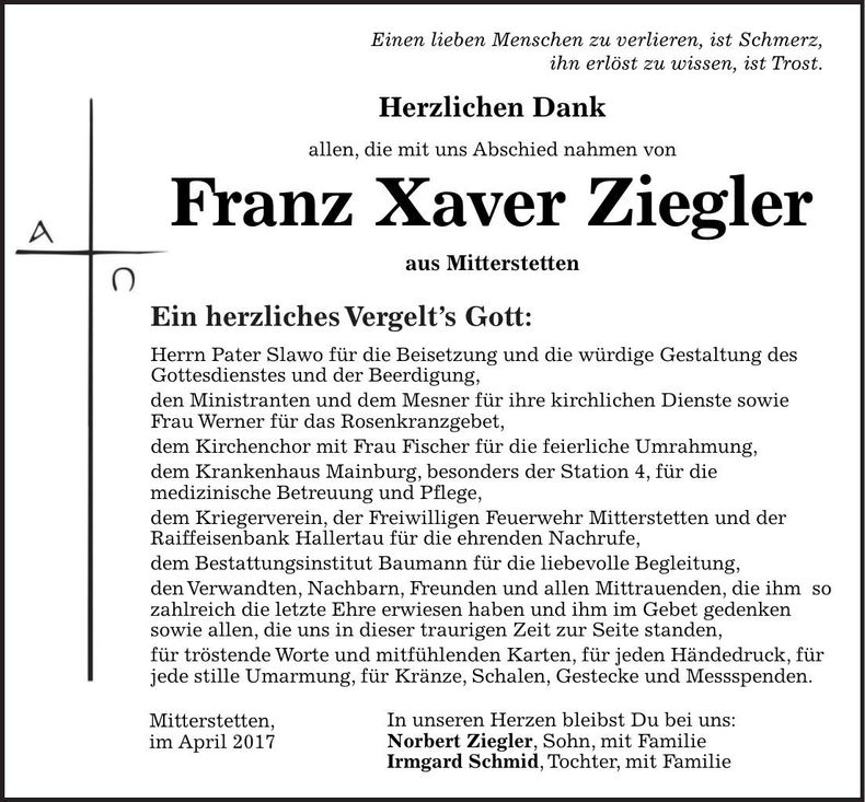 Traueranzeige Franz Xaver Ziegler