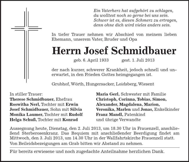 Traueranzeige Josef Schmidbauer