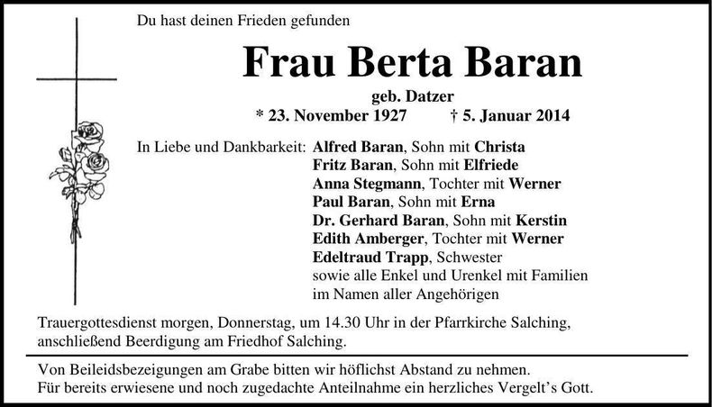 Traueranzeige Berta Baran