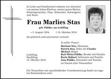 Traueranzeige Marlies Stas