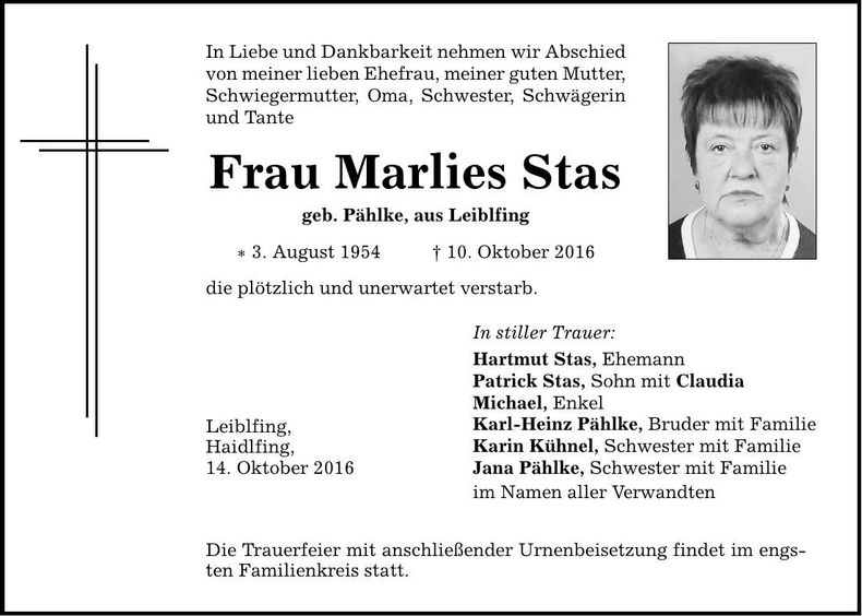 Traueranzeige Marlies Stas