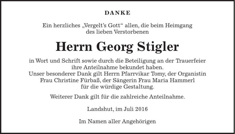 Traueranzeige Georg Stigler
