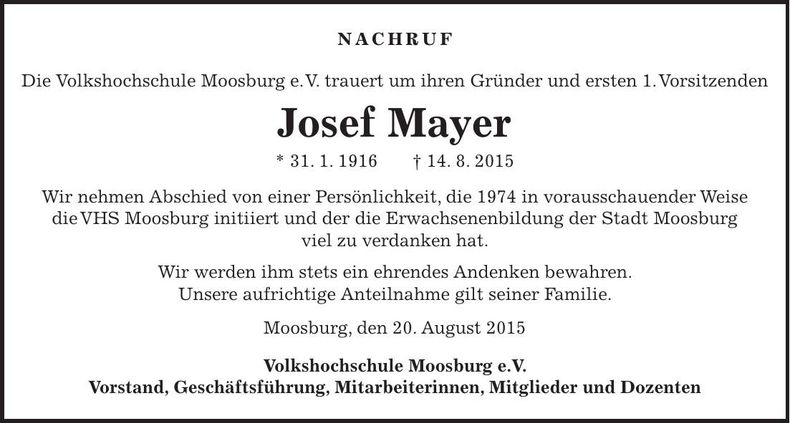Traueranzeige Josef Mayer