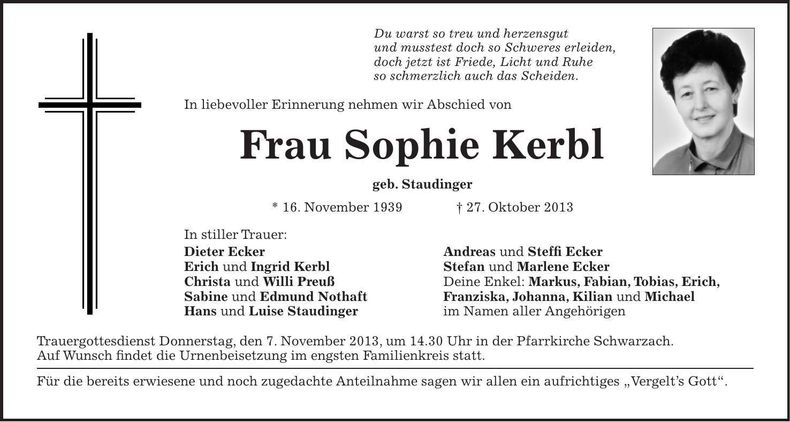 Traueranzeige Sopie Kerbl