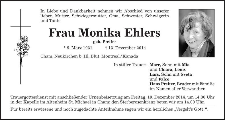 Traueranzeige Monika Ehlers