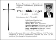 Traueranzeige Hilde Luger