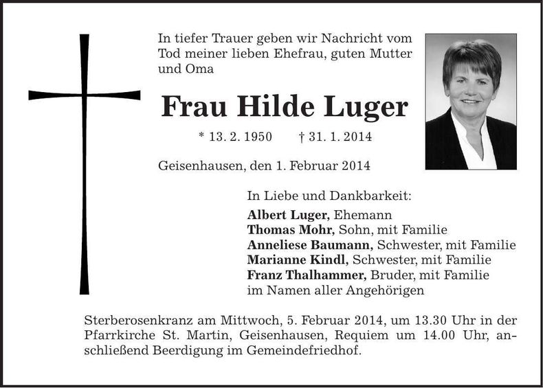Traueranzeige Hilde Luger