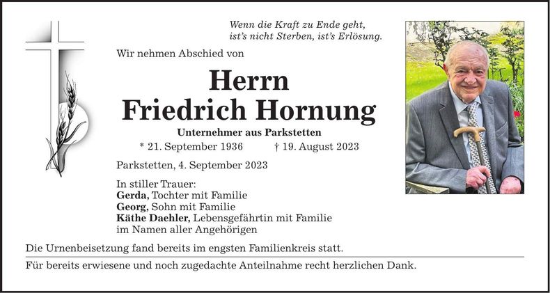 Traueranzeige Friedrich Hornung
