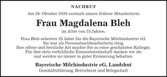 Traueranzeige Magdalena Bleh