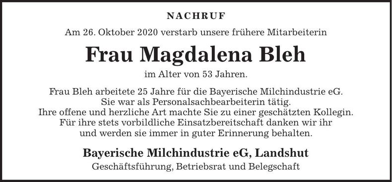 Traueranzeige Magdalena Bleh