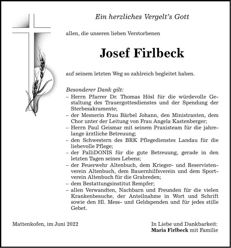 Traueranzeige Josef Firlbeck