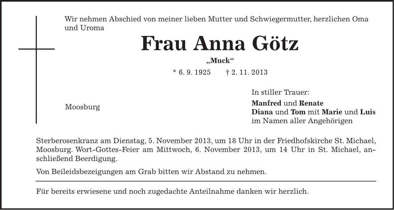 Traueranzeige Anna Götz