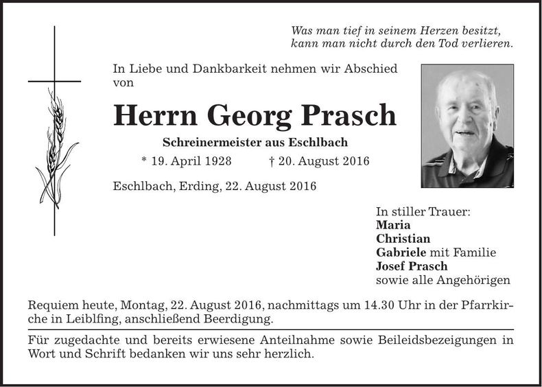 Traueranzeige Georg Prasch