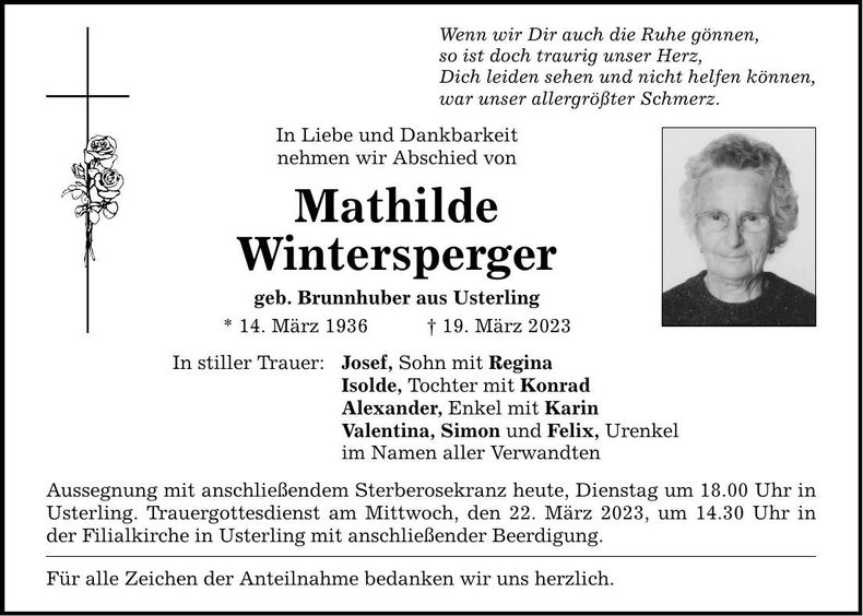 Traueranzeige Mathilde Wintersperger