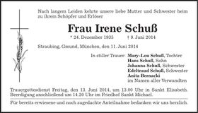 Traueranzeige Irene Schuß
