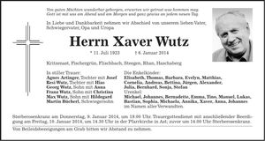 Traueranzeige Xaver Wutz
