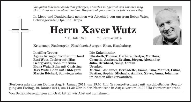 Traueranzeige Xaver Wutz