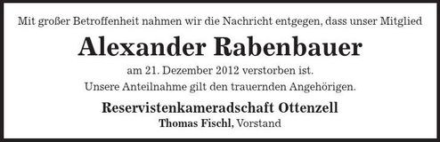 Traueranzeige Alexander Rabenbauer