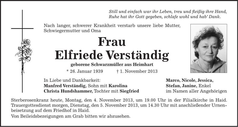 Traueranzeige Elfriede Verständig