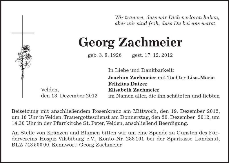 Traueranzeige Georg Zachmeier