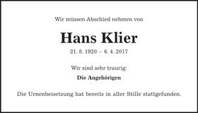 Traueranzeige Hans Klier