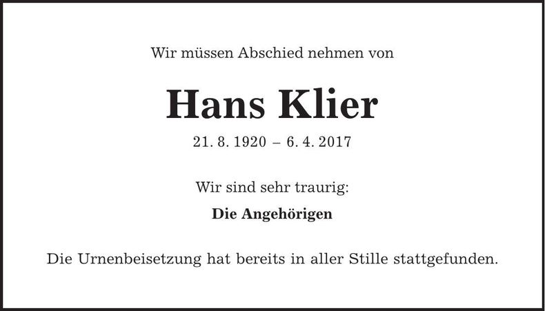 Traueranzeige Hans Klier