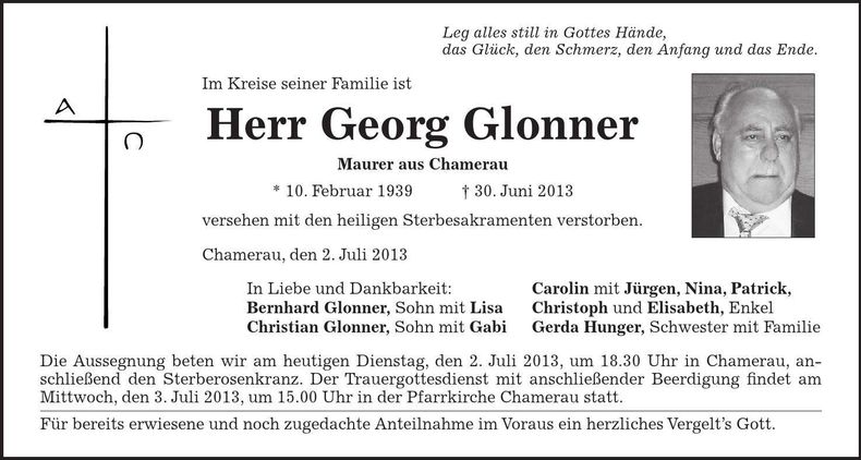 Traueranzeige Georg Glonner
