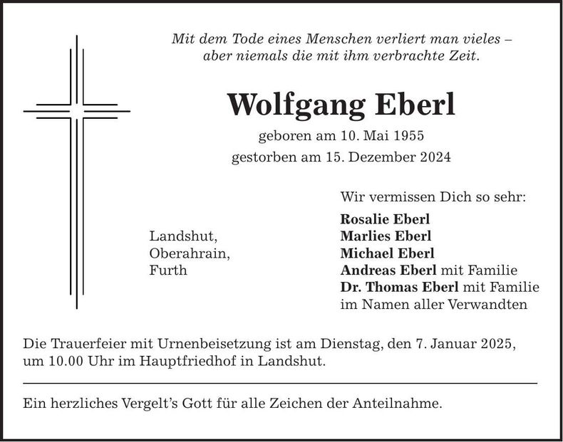 Traueranzeige Wolfgang Eberl