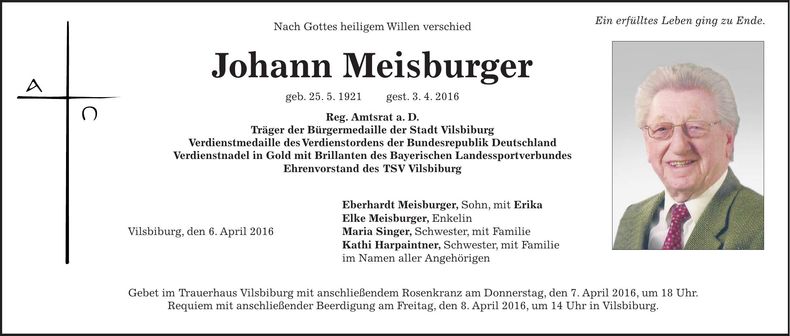Traueranzeige Johann Meisburger