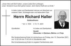Traueranzeige Richard Haller