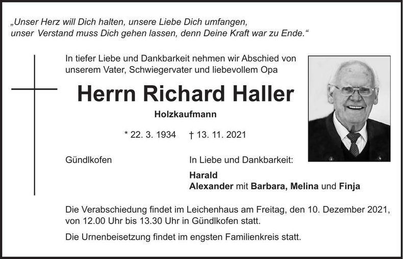Traueranzeige Richard Haller