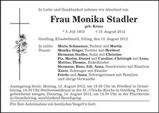 Traueranzeige Monika Stadler
