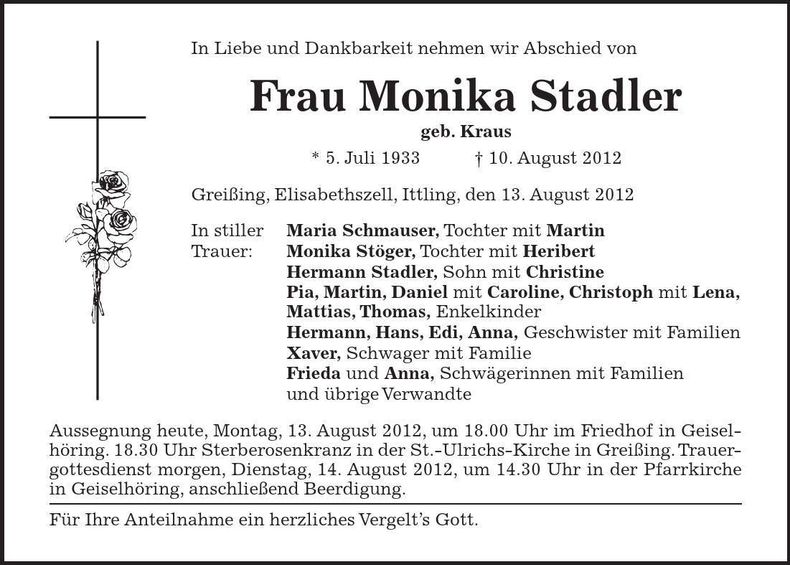 Traueranzeige Monika Stadler