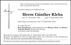 Traueranzeige Günther Kleba
