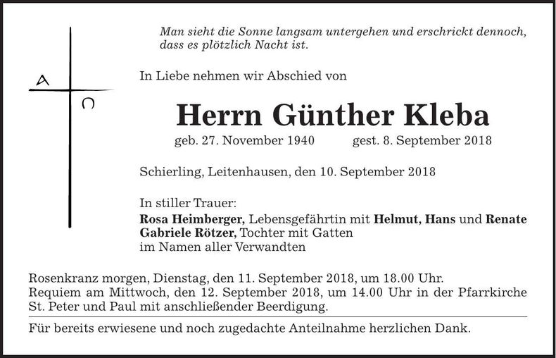Traueranzeige Günther Kleba
