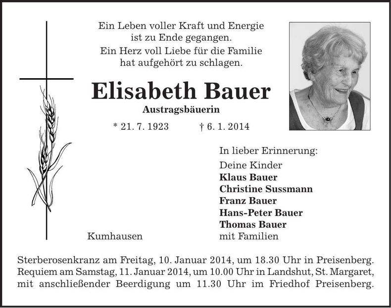 Traueranzeige Elisabeth Bauer