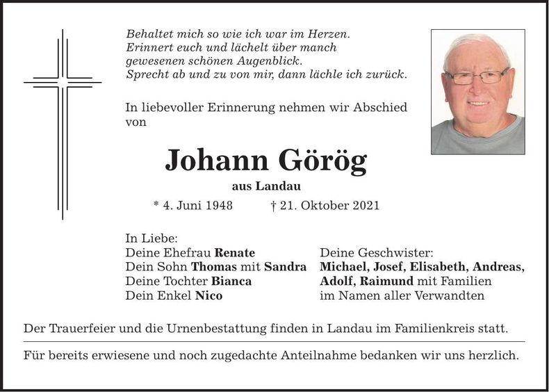 Traueranzeige Johann Görög