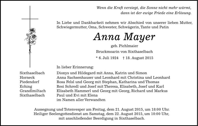 Traueranzeige Anna Mayer