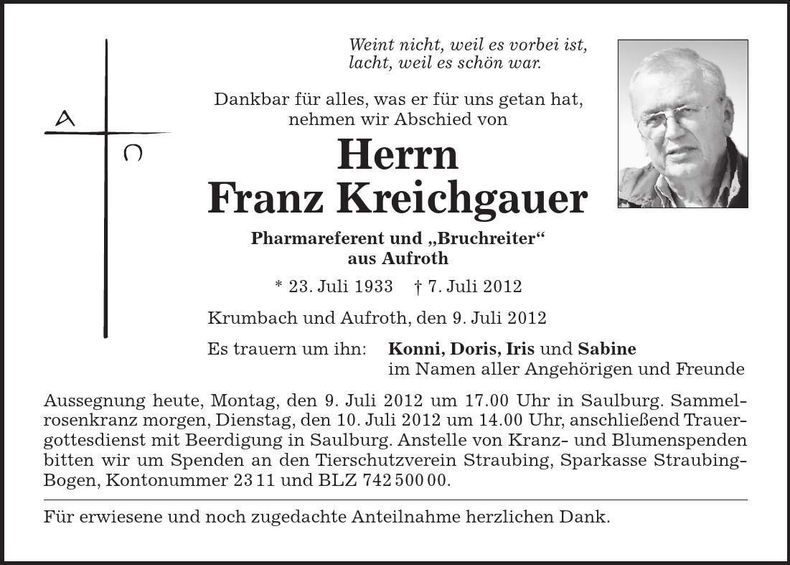 Traueranzeige Franz Kreichgauer