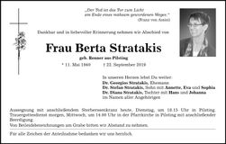 Traueranzeige Berta Stratakis