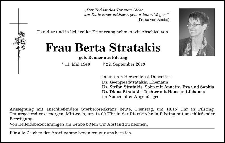 Traueranzeige Berta Stratakis