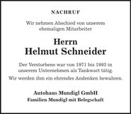 Traueranzeige Helmut Schneider