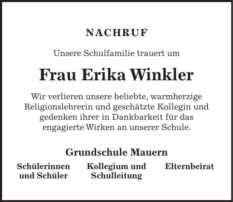 Traueranzeige Erika Winkler