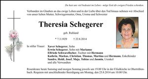 Traueranzeige Theresia Schegerer