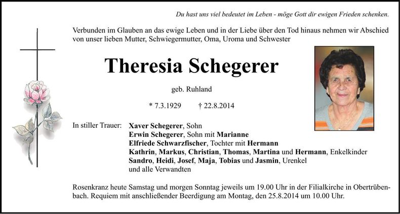 Traueranzeige Theresia Schegerer