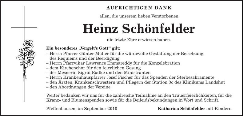 Traueranzeige Heinz Schönfelder
