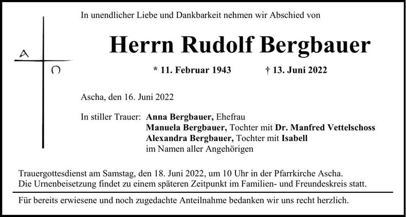 Traueranzeige Rudolf Bergbauer