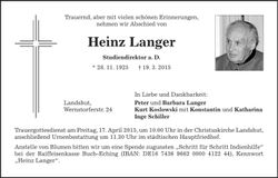 Traueranzeige Heinz Langer